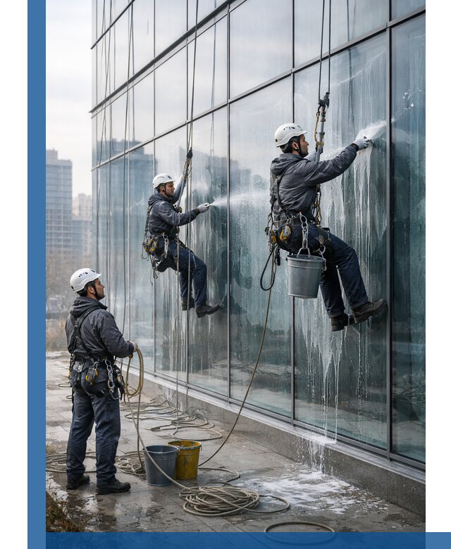 Промышленная мойка панорамных окон на высоте в Саратове