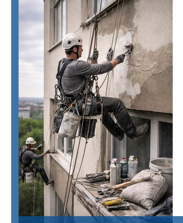 Косметический ремонт фасада зданий в Саратове промышленными альпинистами