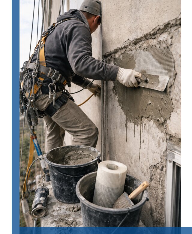 Ремонт бетонных элементов фасада промышленными альпинистами в Саратове