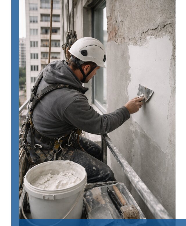 Шпаклевка фасадов на высоте с промальпинистами в Саратове