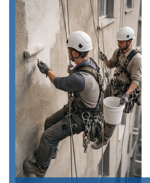 Грунтовка фасада на высоте в Саратове промышленными альпинистами