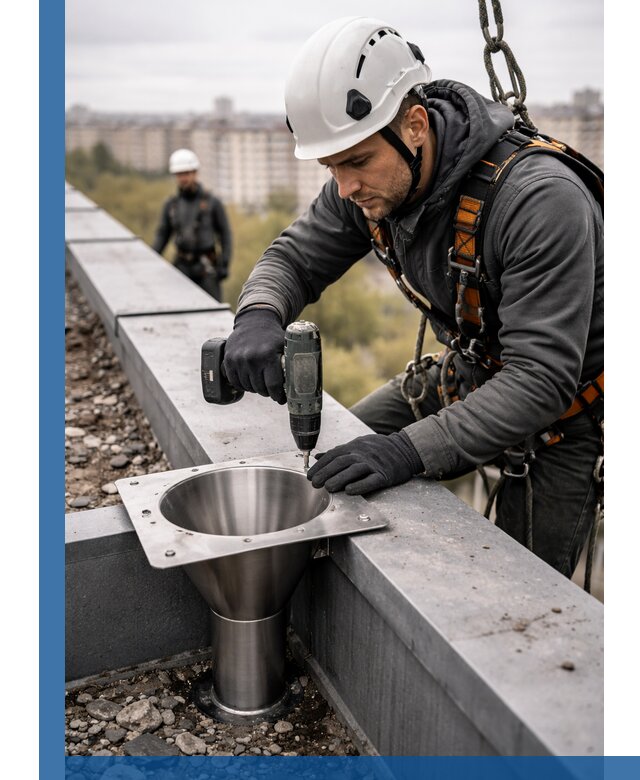 Монтаж водосточных воронок в Саратове для промышленных зданий