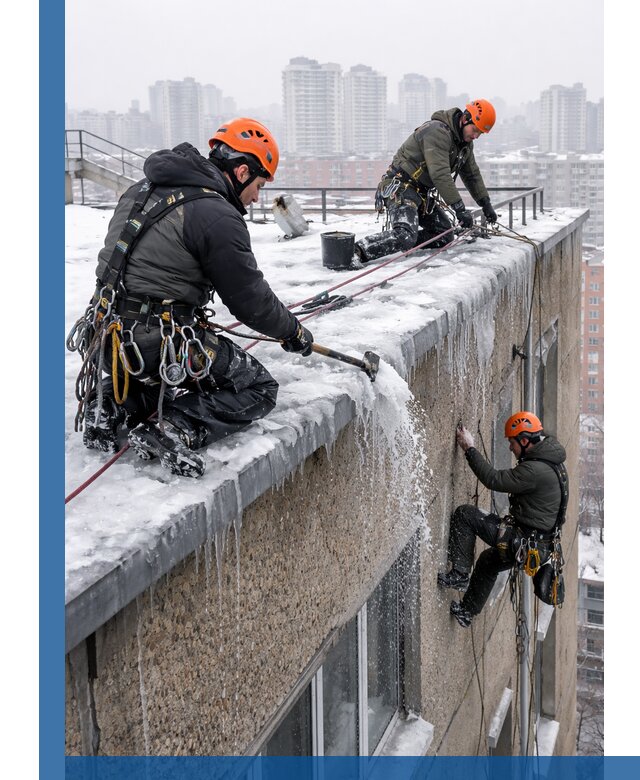 Удаление наледи с кровли в Саратове промышленными альпинистами