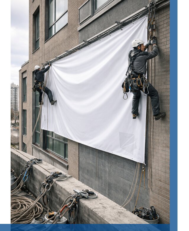 Монтаж баннеров на фасаде в Саратове от 665 р. заказать ВЫСОТНИК-Срт