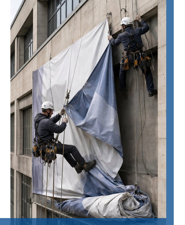 Демонтаж баннеров с фасада в Саратове от 4605 р. | ВЫСОТНИК-Срт