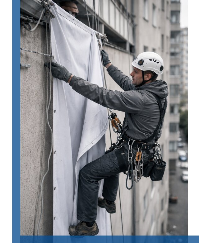 Замена баннерного полотна промышленными альпинистами в Саратове