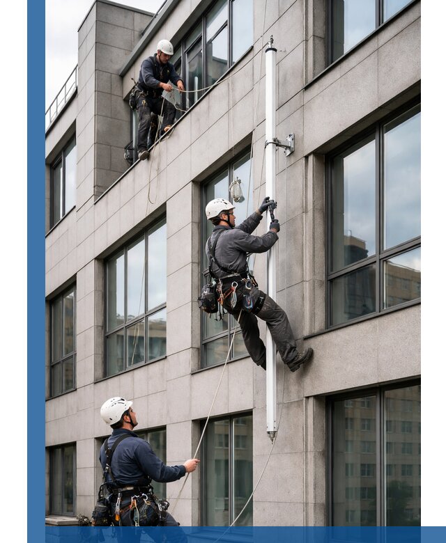 Монтаж флагштока на фасаде здания с креплением и герметикой в Саратове