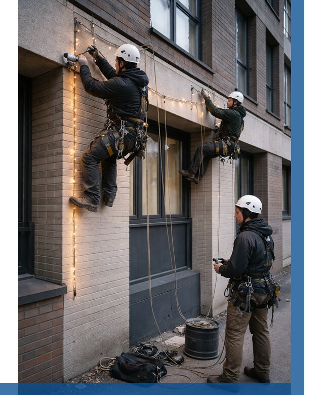 Монтаж гирлянд на фасаде в Саратове от 3582 р. | ВЫСОТНИК-Срт