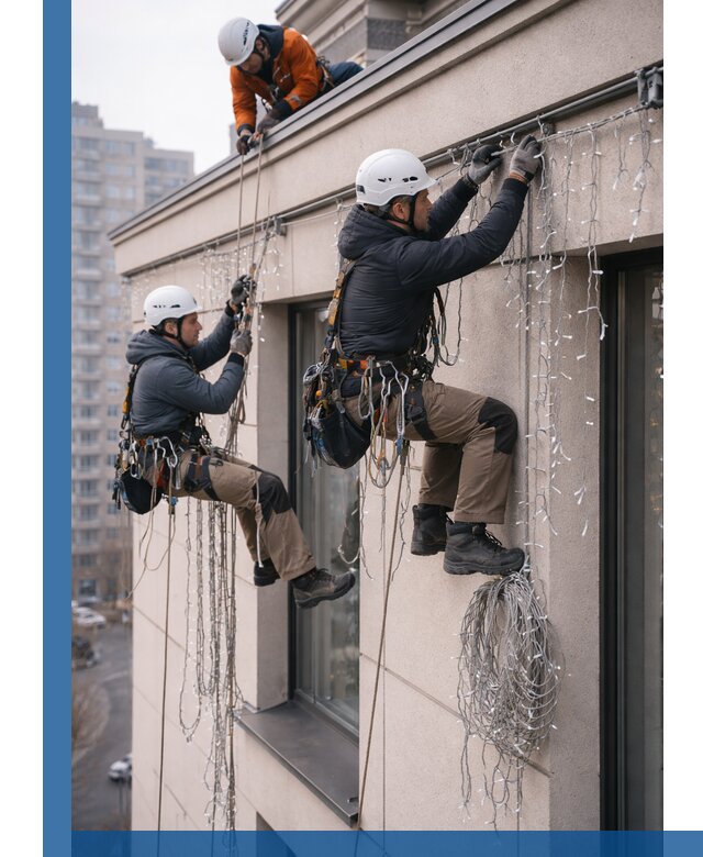 Монтаж праздничных гирлянд на фасаде в Саратове для зданий