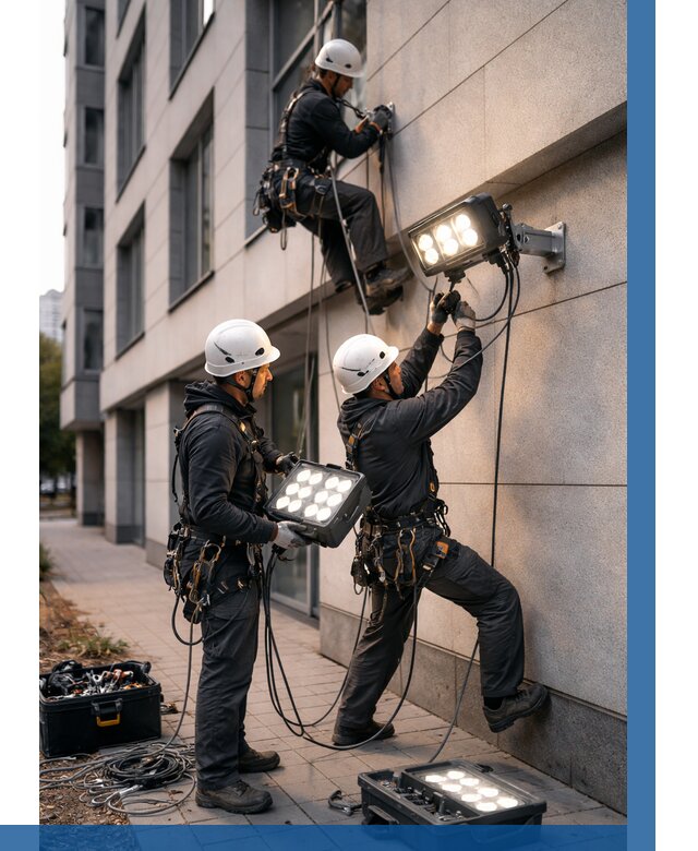 Монтаж прожекторов на фасаде в Саратове от 7675 р. | ВЫСОТНИК-Срт