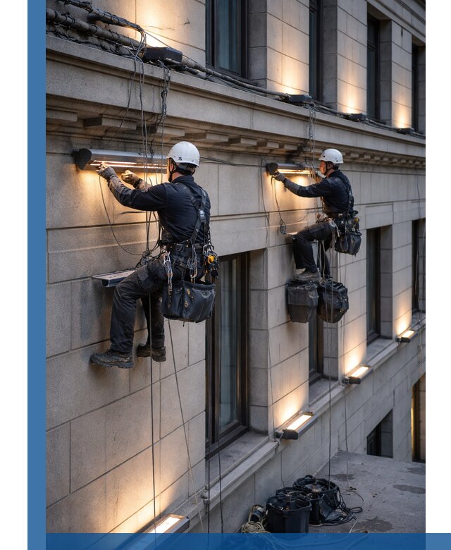 Монтаж архитектурной подсветки фасадов зданий в Саратове