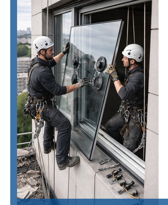 Замена стеклопакетов на высоте с промышленными альпинистами в Саратове