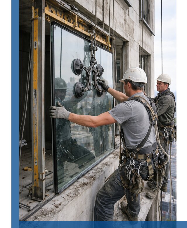 Монтаж стеклопакетов на высоте в Саратове с промышленным альпинизмом