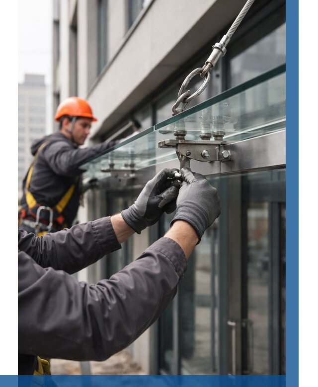 Монтаж стеклянных козырьков в Саратове от 8698 р. | ВЫСОТНИК-Срт