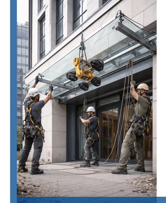 Монтаж стеклянных козырьков под ключ в Саратове для зданий