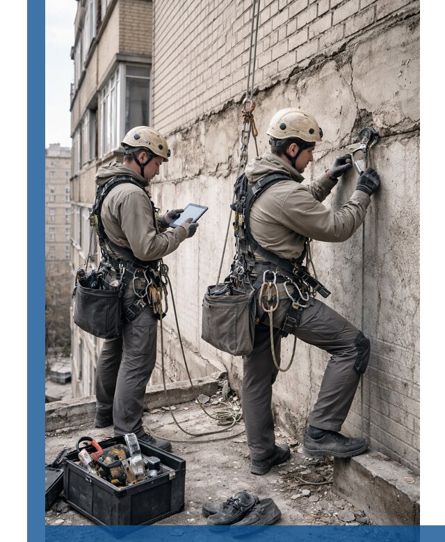 Обследование фасада промышленными альпинистами в Саратове